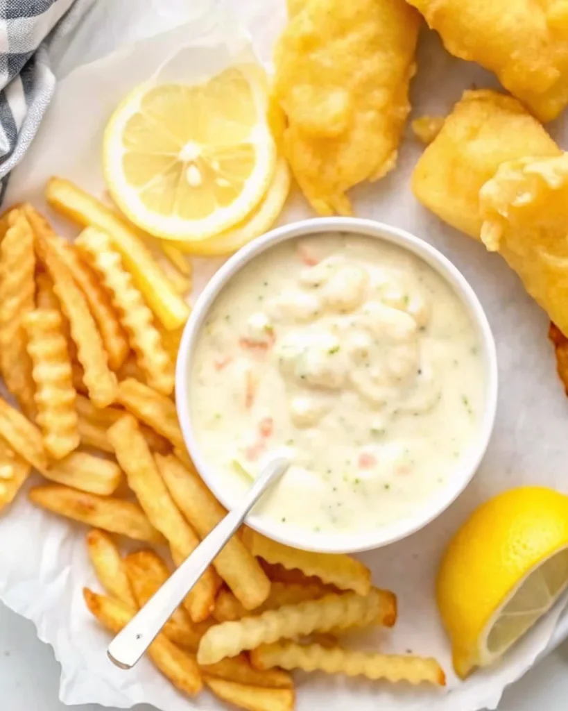 A bowl of creamy Red Lobster tartar sauce served with crispy fried fish and lemon wedges.