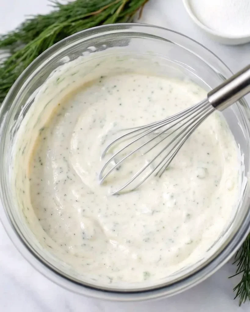Homemade Red Lobster tartar sauce in white bowl with wooden spoon, showing creamy texture with visible herb and vegetable specks