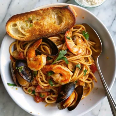 Seafood pasta with linguine, shrimp, and mussels served in white bowl with toasted garlic bread and fresh parsley garnish