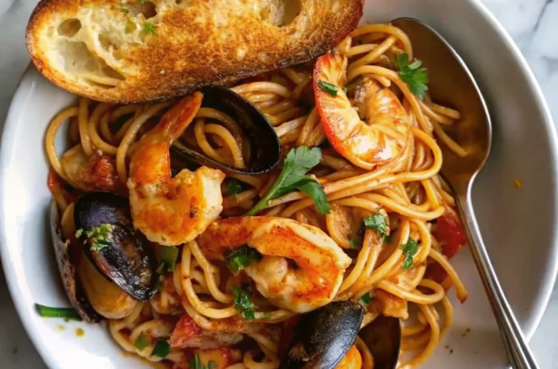 Seafood pasta with linguine, shrimp, and mussels served in white bowl with toasted garlic bread and fresh parsley garnish