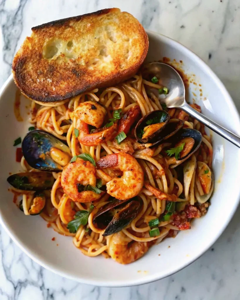Seafood pasta with linguine, shrimp, and mussels served in white bowl with toasted garlic bread and fresh parsley garnish