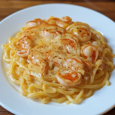 A plate of Shrimp & Crab Pasta topped with creamy Cajun sauce and garnished with spices.