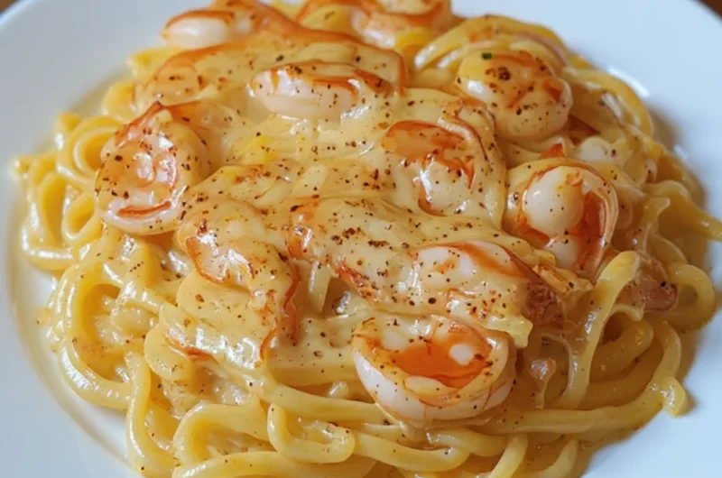 A plate of Shrimp & Crab Pasta topped with creamy Cajun sauce and garnished with spices.