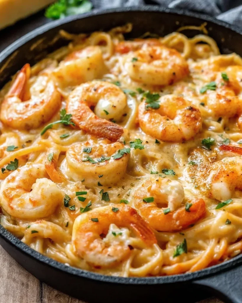 A plate of Shrimp & Crab Pasta topped with creamy Cajun sauce and garnished with spices.