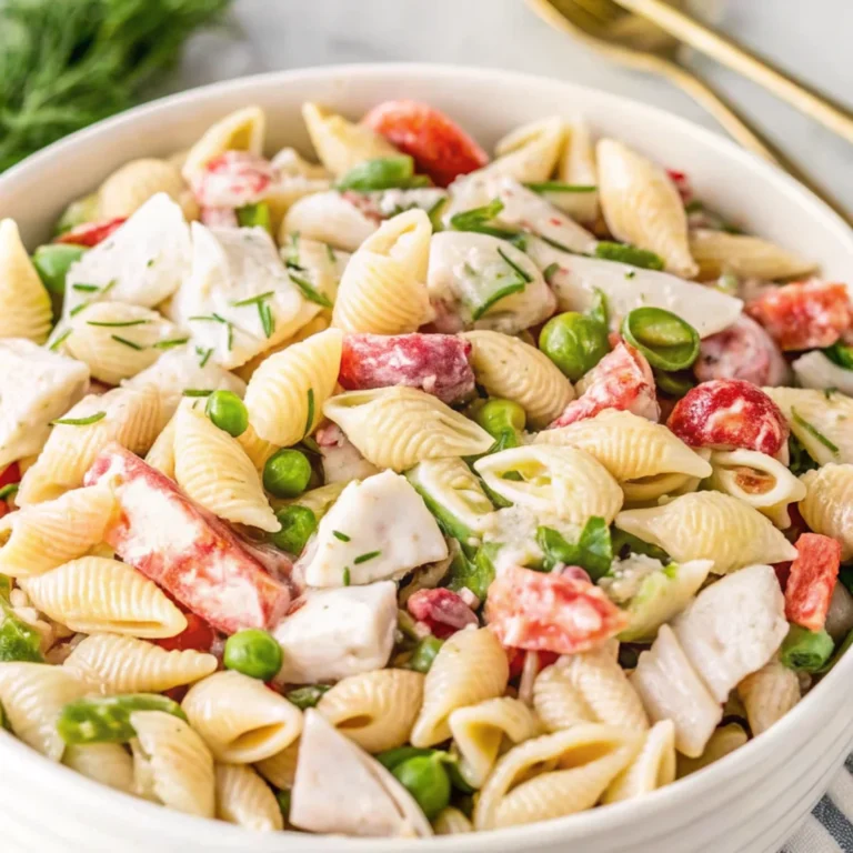 Super easy crab pasta salad with shell pasta, crab meat, peas, and red bell peppers in a creamy dressing.