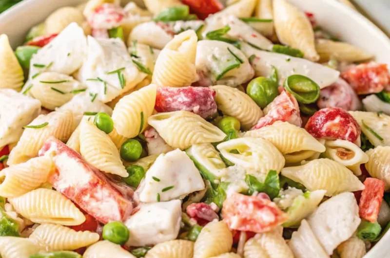 Super easy crab pasta salad with shell pasta, crab meat, peas, and red bell peppers in a creamy dressing.