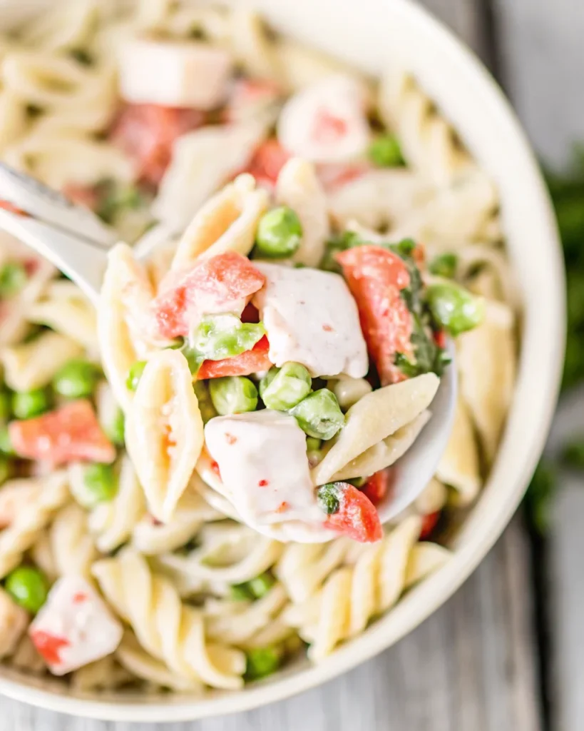 Super easy crab pasta salad with shell pasta, crab meat, peas, and red bell peppers in a creamy dressing.