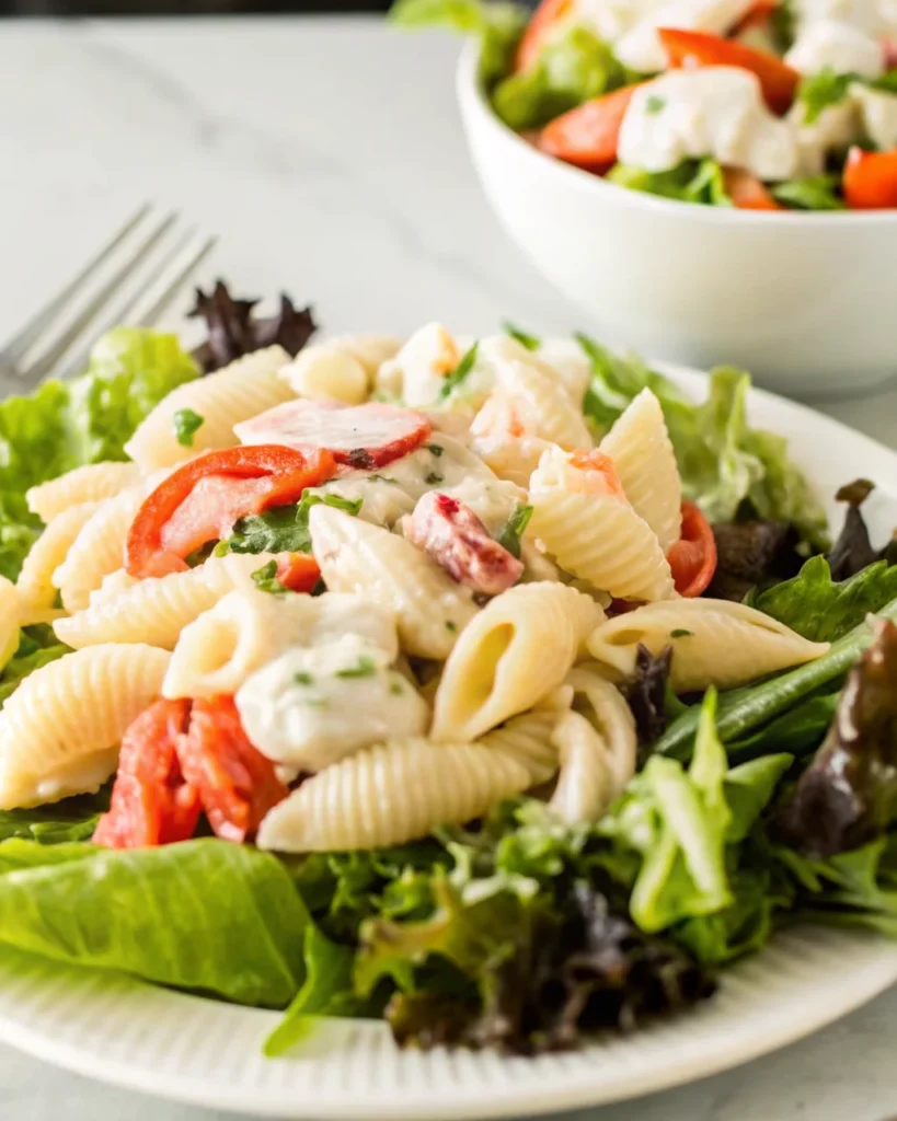 Super easy crab pasta salad with shell pasta, crab meat, peas, and red bell peppers in a creamy dressing.