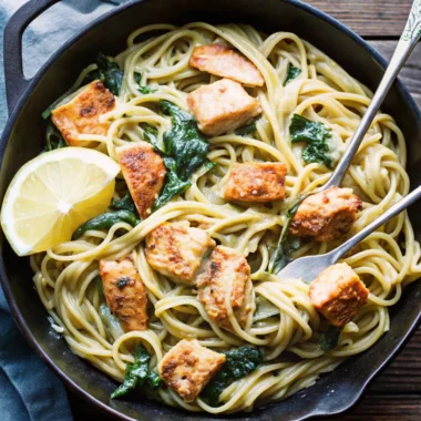 Creamy salmon pasta with tender salmon chunks, linguine, spinach, and a lemon wedge in a black skillet.