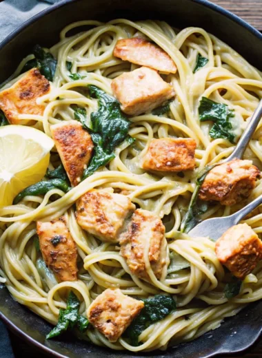 Creamy salmon pasta with tender salmon chunks, linguine, spinach, and a lemon wedge in a black skillet.