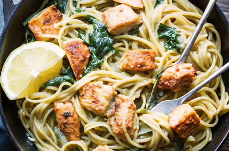Creamy salmon pasta with tender salmon chunks, linguine, spinach, and a lemon wedge in a black skillet.