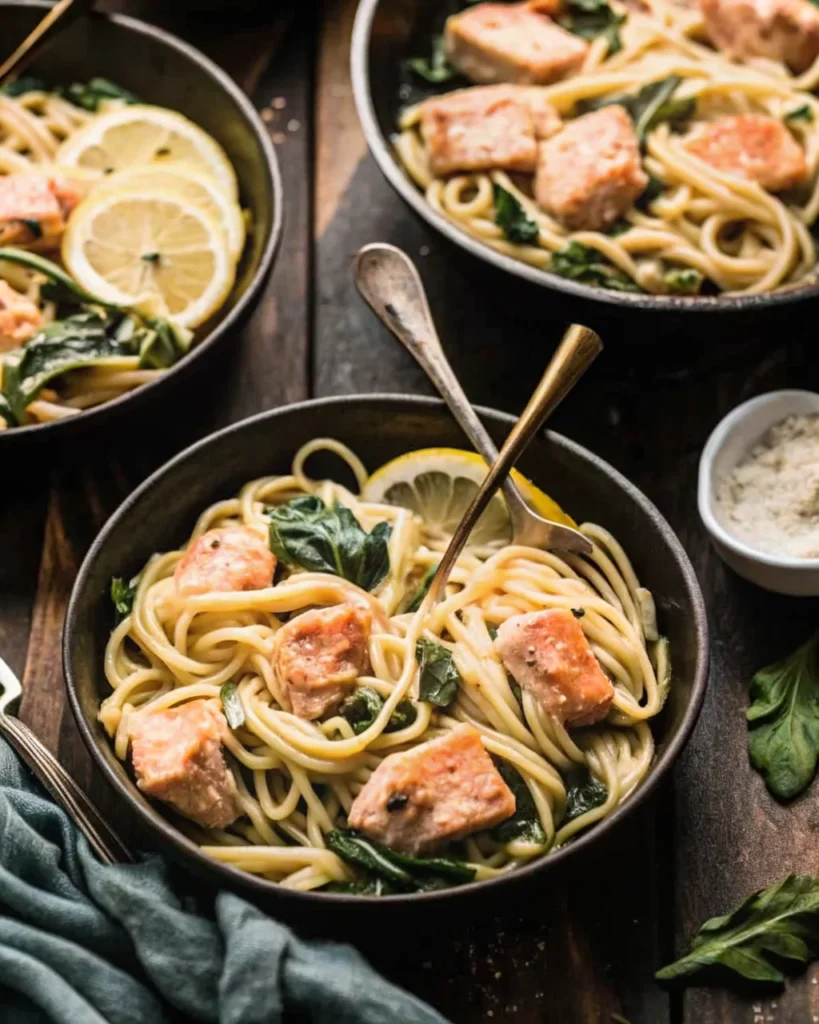 Creamy salmon pasta with tender salmon chunks, linguine, spinach, and a lemon wedge in a black skillet.