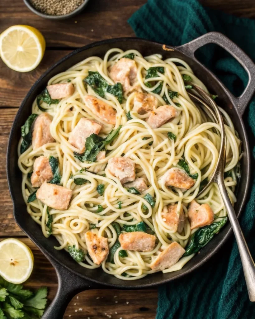 Creamy salmon pasta with tender salmon chunks, linguine, spinach, and a lemon wedge in a black skillet.