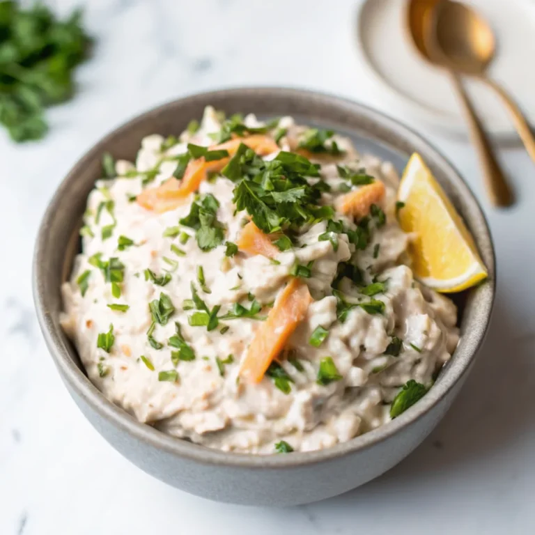 A bowl of creamy smoked salmon dip topped with fresh herbs and flaked salmon pieces.