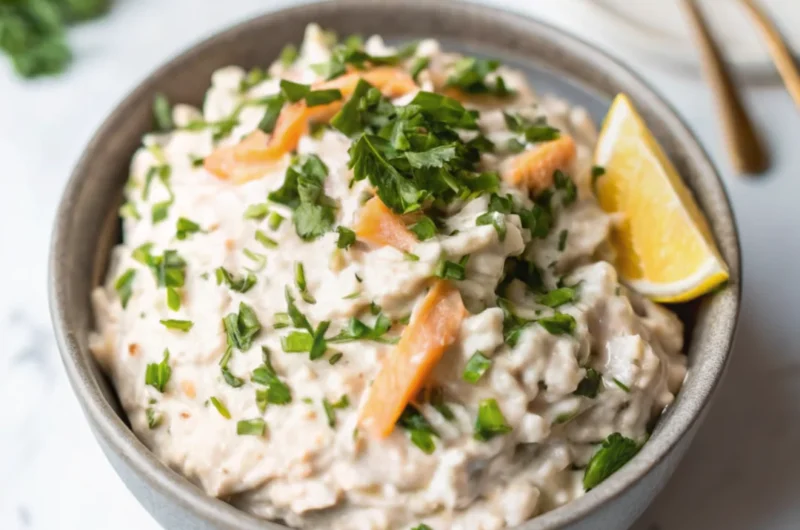 A bowl of creamy smoked salmon dip topped with fresh herbs and flaked salmon pieces.
