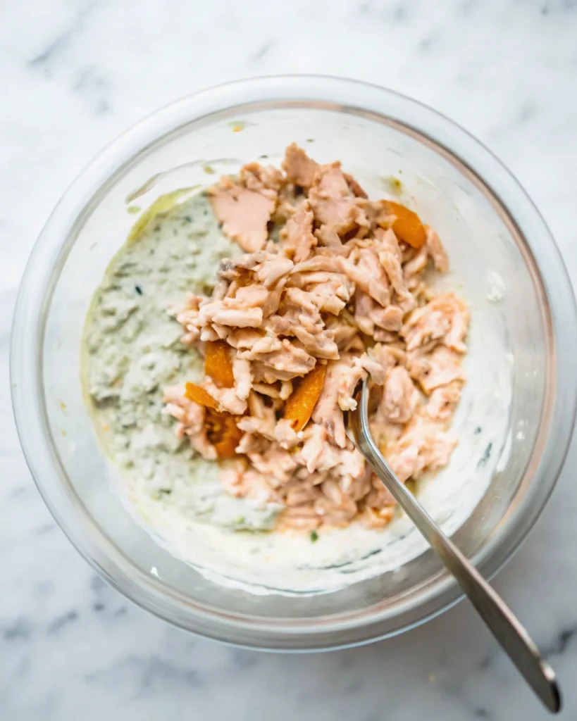 A bowl of creamy smoked salmon dip topped with fresh herbs and flaked salmon pieces.