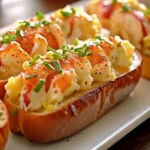 Close-up of gourmet lobster rolls in buttery brioche buns topped with creamy lobster filling and garnished with chopped chives.
