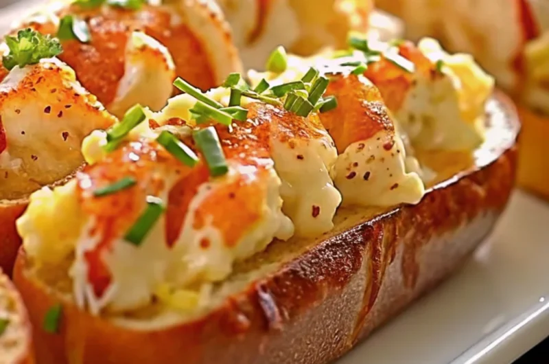 Close-up of gourmet lobster rolls in buttery brioche buns topped with creamy lobster filling and garnished with chopped chives.