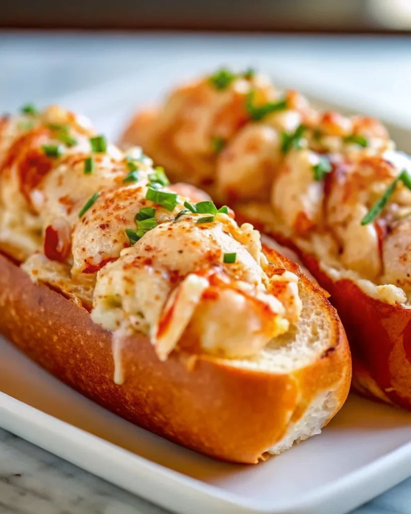 Close-up of gourmet lobster rolls in buttery brioche buns topped with creamy lobster filling and garnished with chopped chives.
