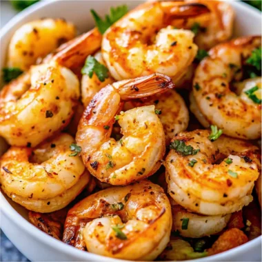 Close-up of juicy marinated grilled shrimp garnished with herbs