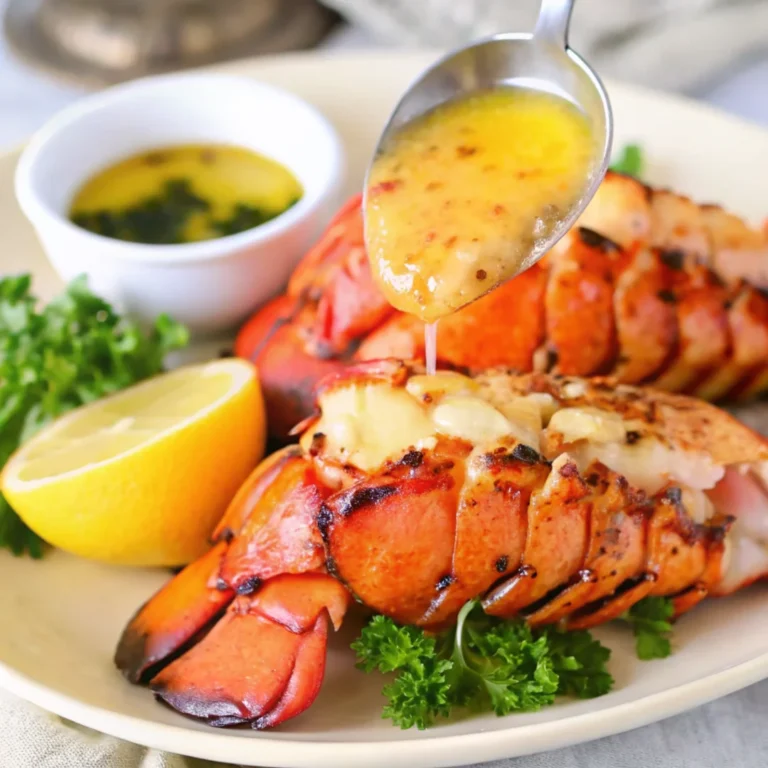 Broiled lobster tail topped with garlic butter sauce, served with lemon and parsley on a white plate.