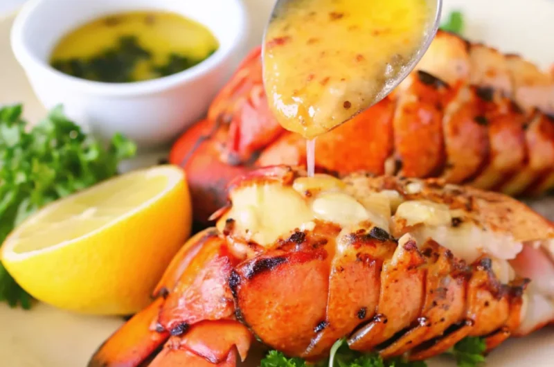 Broiled lobster tail topped with garlic butter sauce, served with lemon and parsley on a white plate.