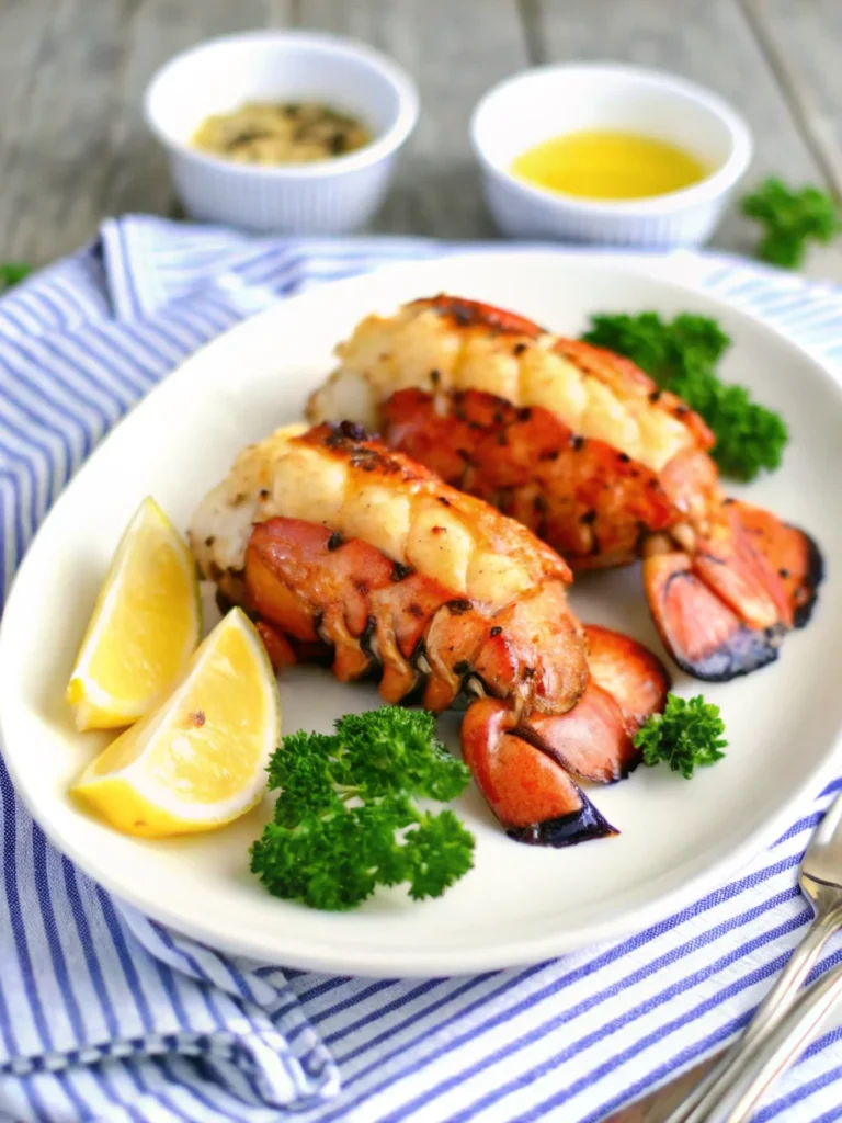 Broiled lobster tail topped with garlic butter sauce, served with lemon and parsley on a white plate.