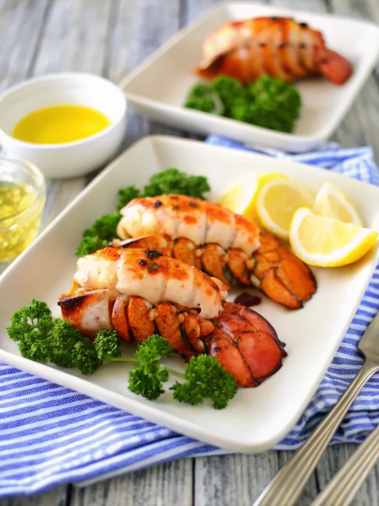 Broiled lobster tail topped with garlic butter sauce, served with lemon and parsley on a white plate.