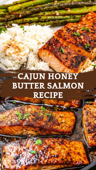 Cajun honey butter salmon fillets seared in cast iron skillet with golden glaze and fresh parsley garnish