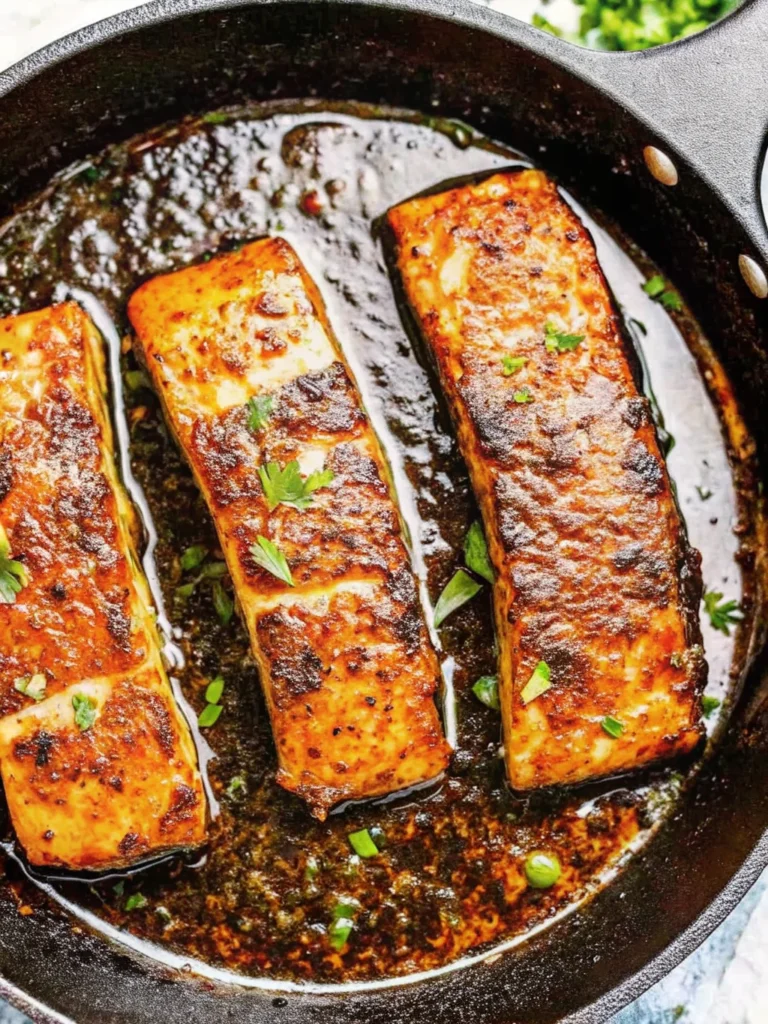 Cajun honey butter salmon fillets seared in cast iron skillet with golden glaze and fresh parsley garnish