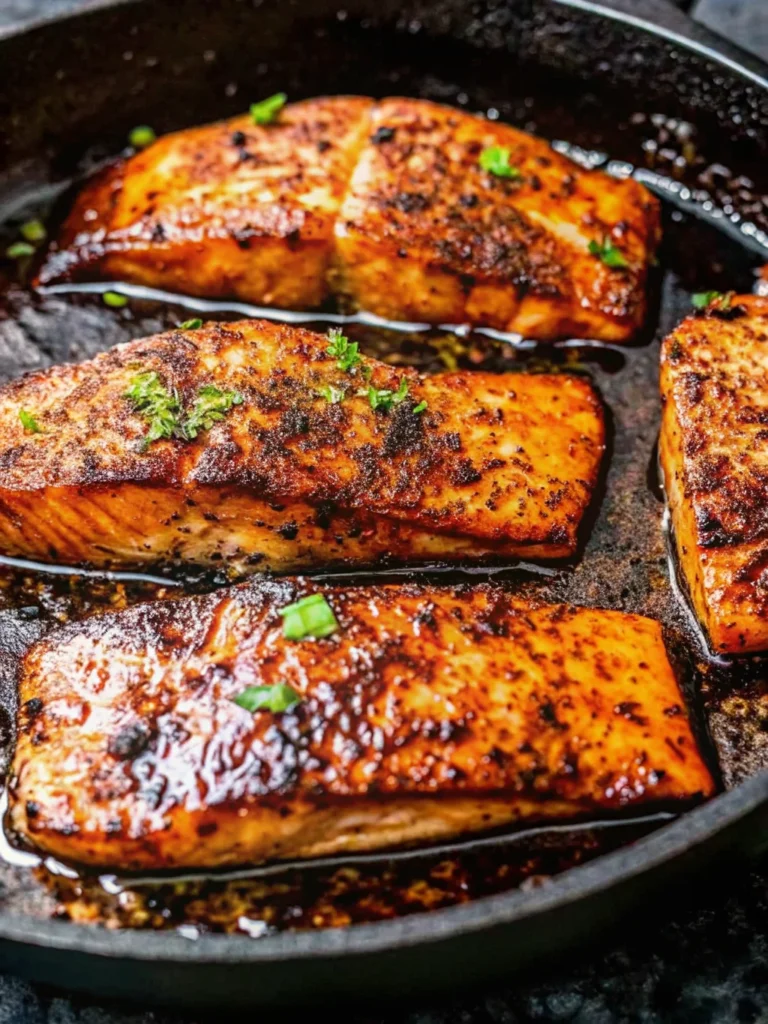 Cajun honey butter salmon fillets seared in cast iron skillet with golden glaze and fresh parsley garnish