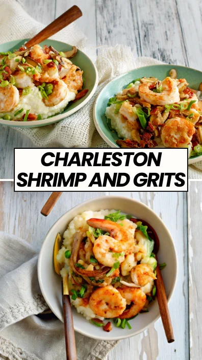 Two bowls of shrimp and grits topped with bacon, mushrooms, and green onions on a rustic wooden table.