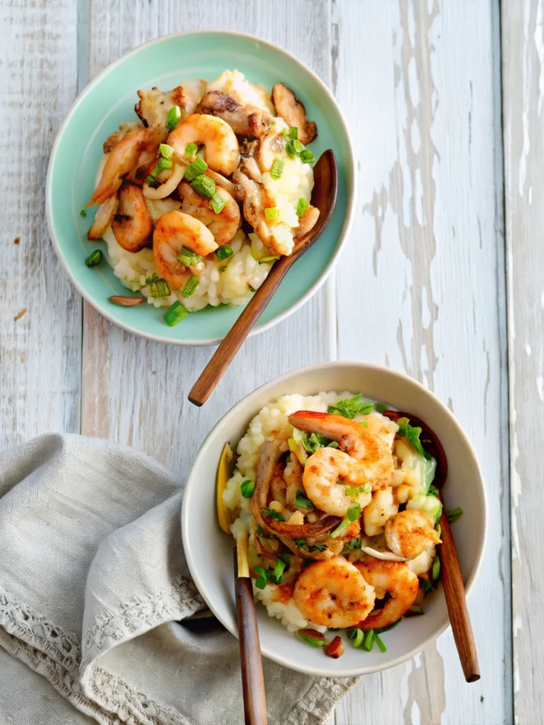 Two bowls of shrimp and grits topped with bacon, mushrooms, and green onions on a rustic wooden table.