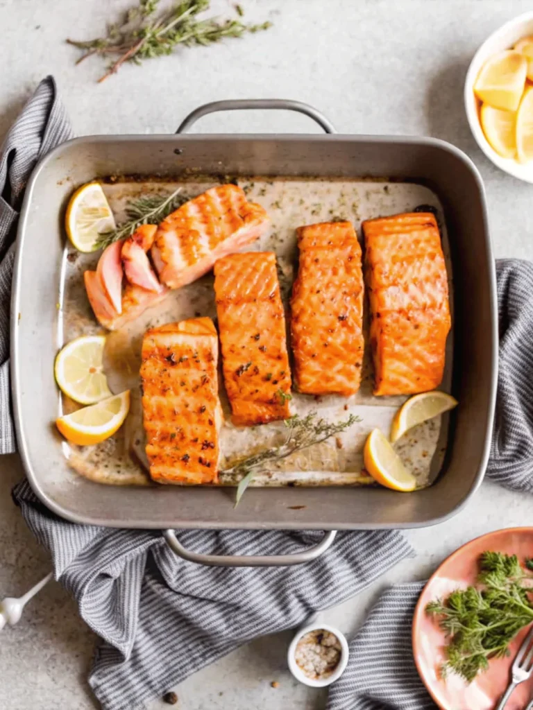Grilled Coho salmon fillets on a white serving plate with lemon wedges and black pepper seasoning.
