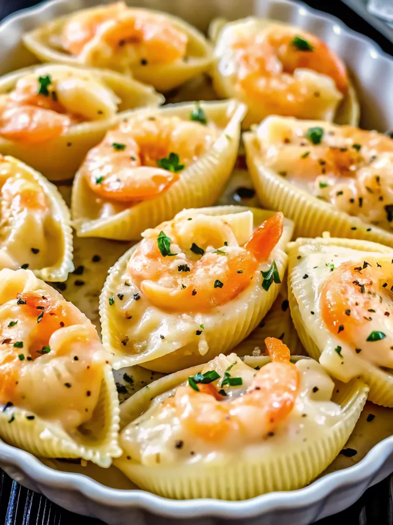 Creamy seafood stuffed shells with lobster and crab meat in jumbo pasta shells topped with melted cheese sauce
