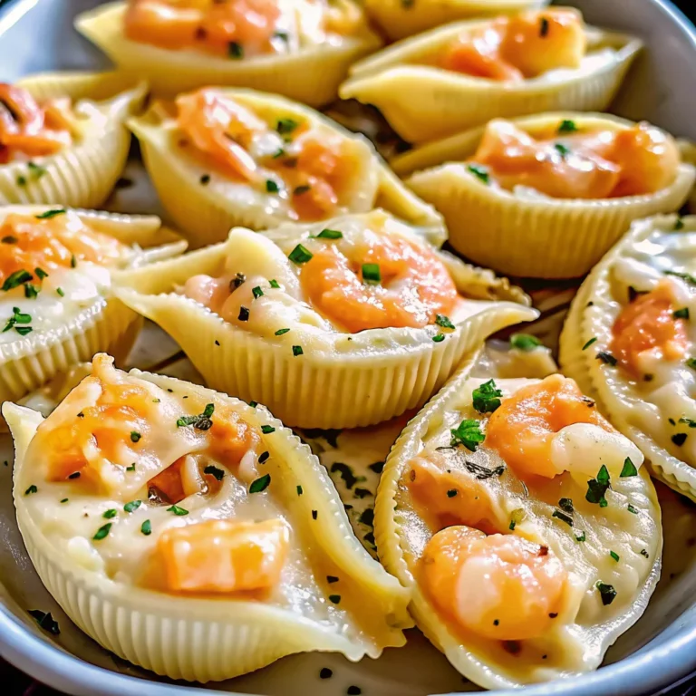 Creamy seafood stuffed shells with lobster and crab meat in jumbo pasta shells topped with melted cheese sauce