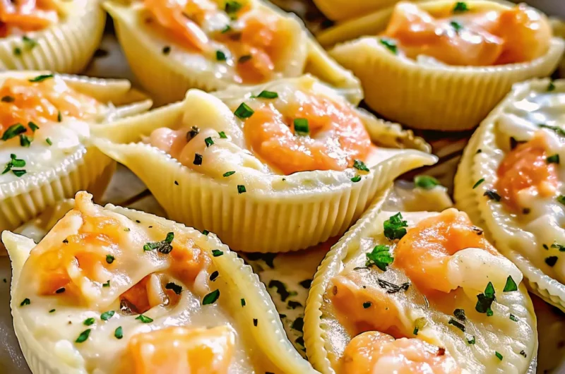 Creamy seafood stuffed shells with lobster and crab meat in jumbo pasta shells topped with melted cheese sauce