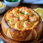 Crusty sourdough bread bowl filled with creamy seafood soup, topped with golden shrimp and fresh parsley, served on a wooden plate.