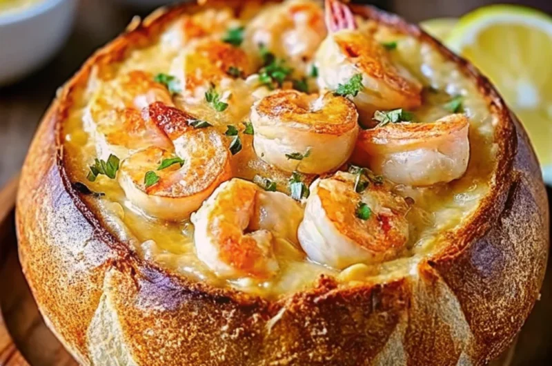 Crusty sourdough bread bowl filled with creamy seafood soup, topped with golden shrimp and fresh parsley, served on a wooden plate.