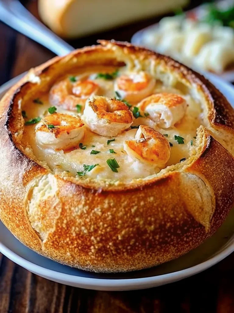 Crusty sourdough bread bowl filled with creamy seafood soup, topped with golden shrimp and fresh parsley, served on a wooden plate.