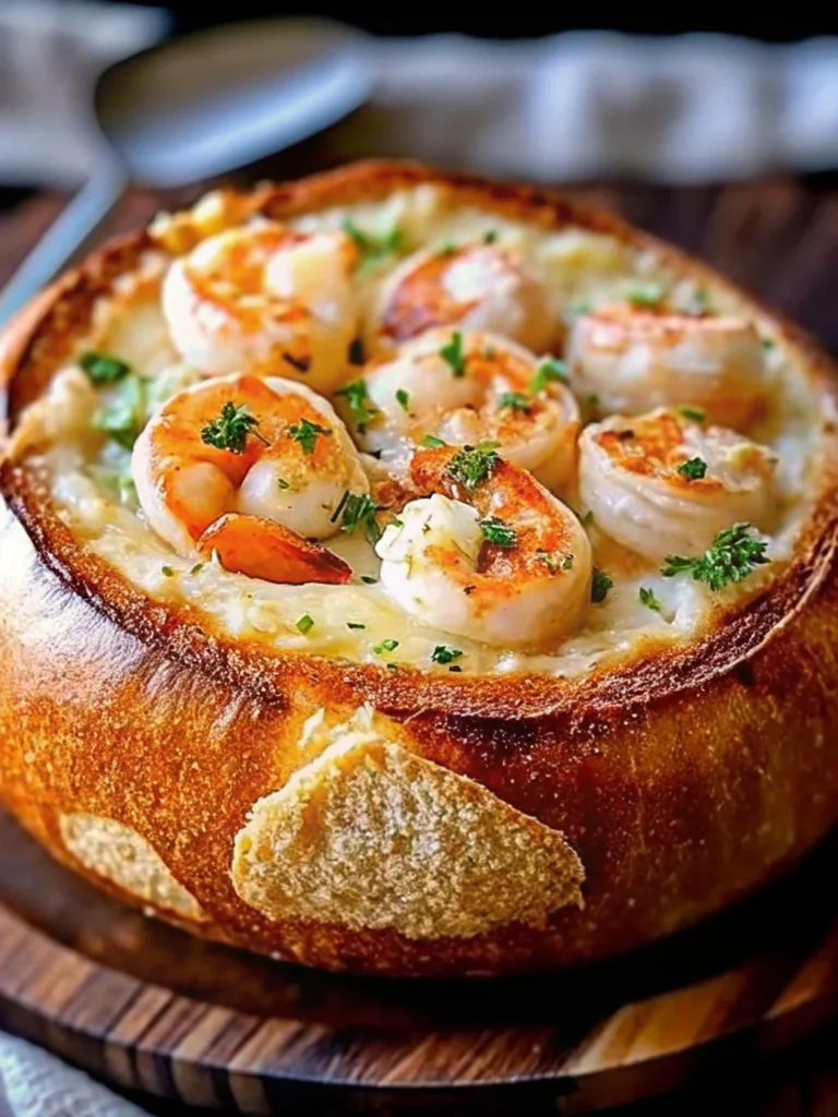 Crusty sourdough bread bowl filled with creamy seafood soup, topped with golden shrimp and fresh parsley, served on a wooden plate.