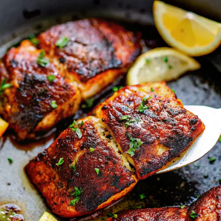 Blackened salmon fillets with a crispy, spicy crust served in a skillet with fresh lemon wedges and garnished with chopped herbs.