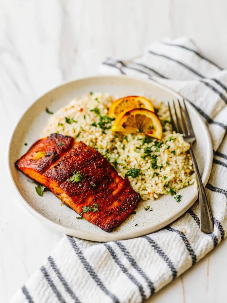 Blackened salmon fillets with a crispy, spicy crust served in a skillet with fresh lemon wedges and garnished with chopped herbs.