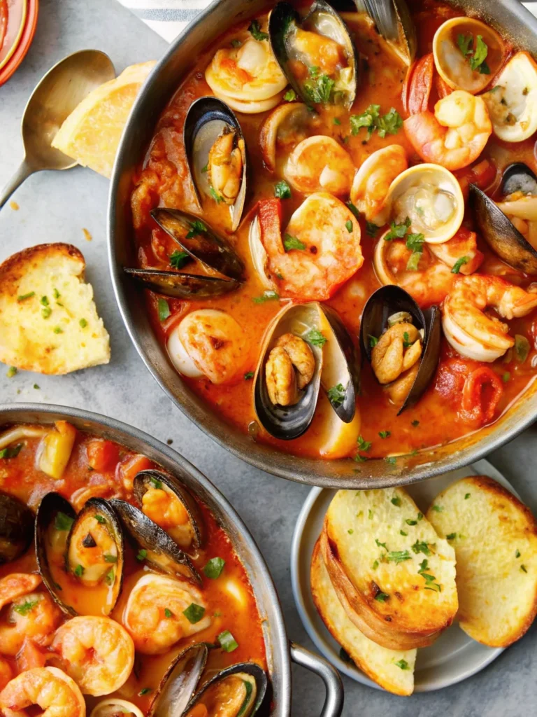 A vibrant pot of easy cioppino seafood stew filled with shrimp, clams, mussels, and fish in a rich tomato broth, garnished with fresh parsley.