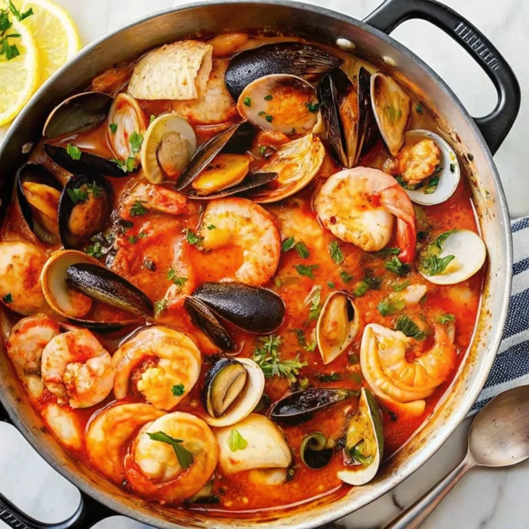 A vibrant pot of easy cioppino seafood stew filled with shrimp, clams, mussels, and fish in a rich tomato broth, garnished with fresh parsley.