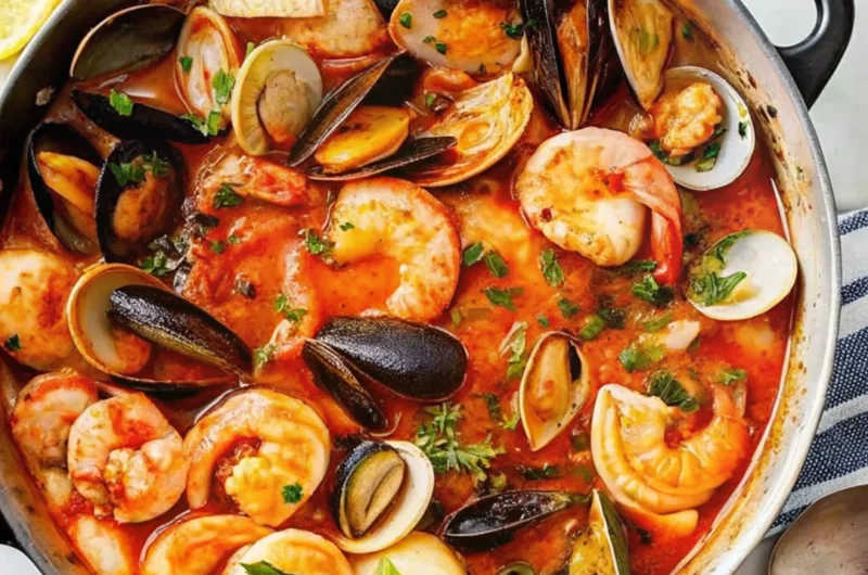 A vibrant pot of easy cioppino seafood stew filled with shrimp, clams, mussels, and fish in a rich tomato broth, garnished with fresh parsley.