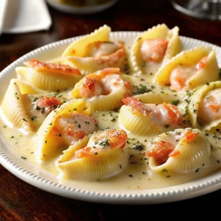 Garlic butter lobster-filled jumbo pasta shells served on a white plate, topped with creamy sauce and fresh parsley, highlighting a luxurious lobster pasta dish.