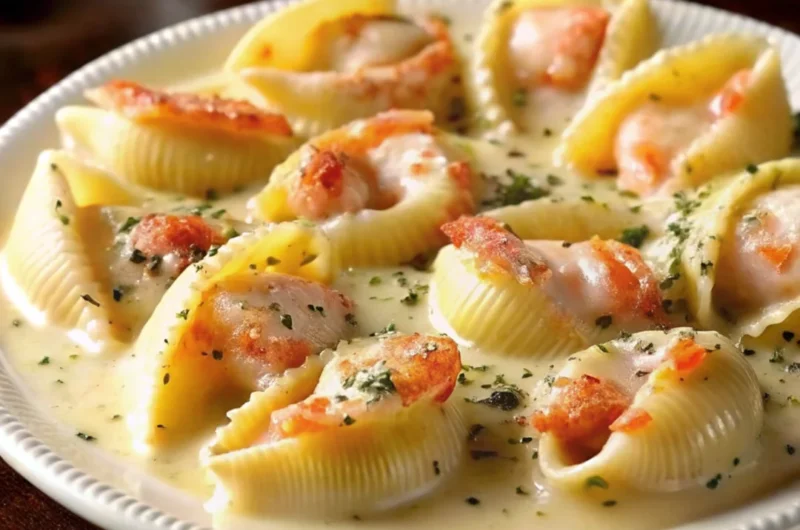 Garlic butter lobster-filled jumbo pasta shells served on a white plate, topped with creamy sauce and fresh parsley, highlighting a luxurious lobster pasta dish.