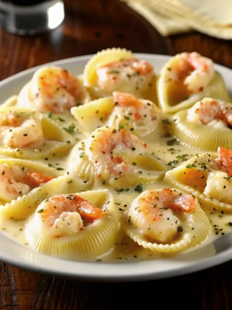 Garlic butter lobster-filled jumbo pasta shells served on a white plate, topped with creamy sauce and fresh parsley, highlighting a luxurious lobster pasta dish.