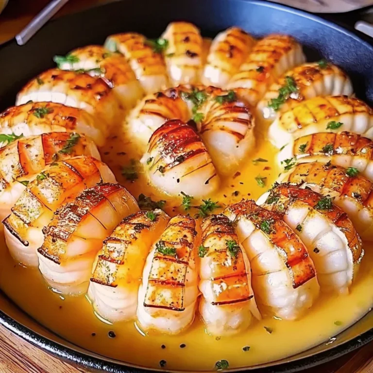 Golden, oven-baked garlic butter lobster tails arranged in a skillet, topped with fresh parsley and served in a rich, buttery sauce.